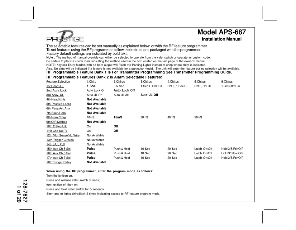 prestige remote start manual