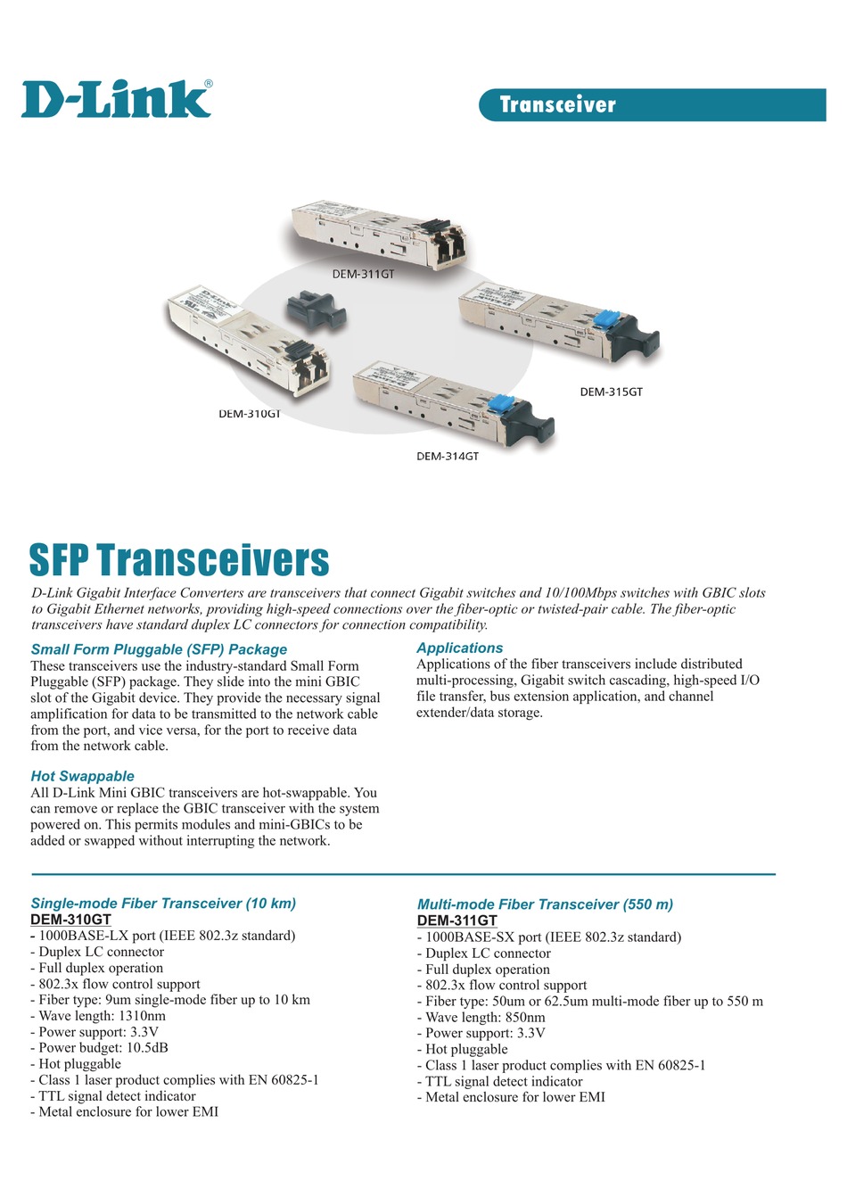D-LINK DEM-311GT - SFP TRANSCEIVER MODULE SPECIFICATIONS Pdf Download ...