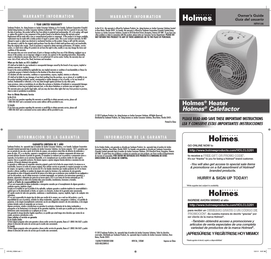 HOLMES HFH136 OWNER'S MANUAL Pdf Download | ManualsLib