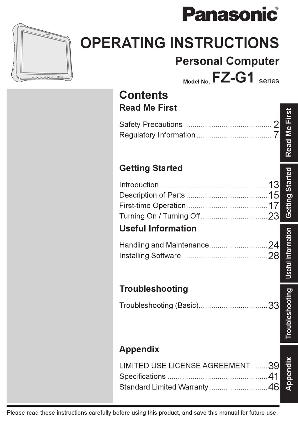Panasonic Toughbook Fz G1 Operating Instructions Manual Pdf Download Manualslib