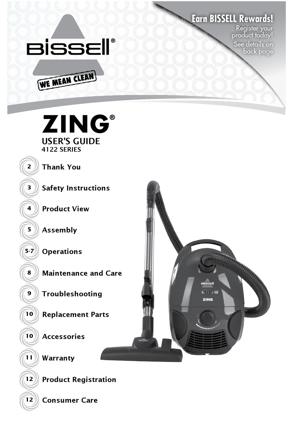 BISSELL ZING® BAGGED CANISTER VACUUM 4122 USER MANUAL Pdf Download