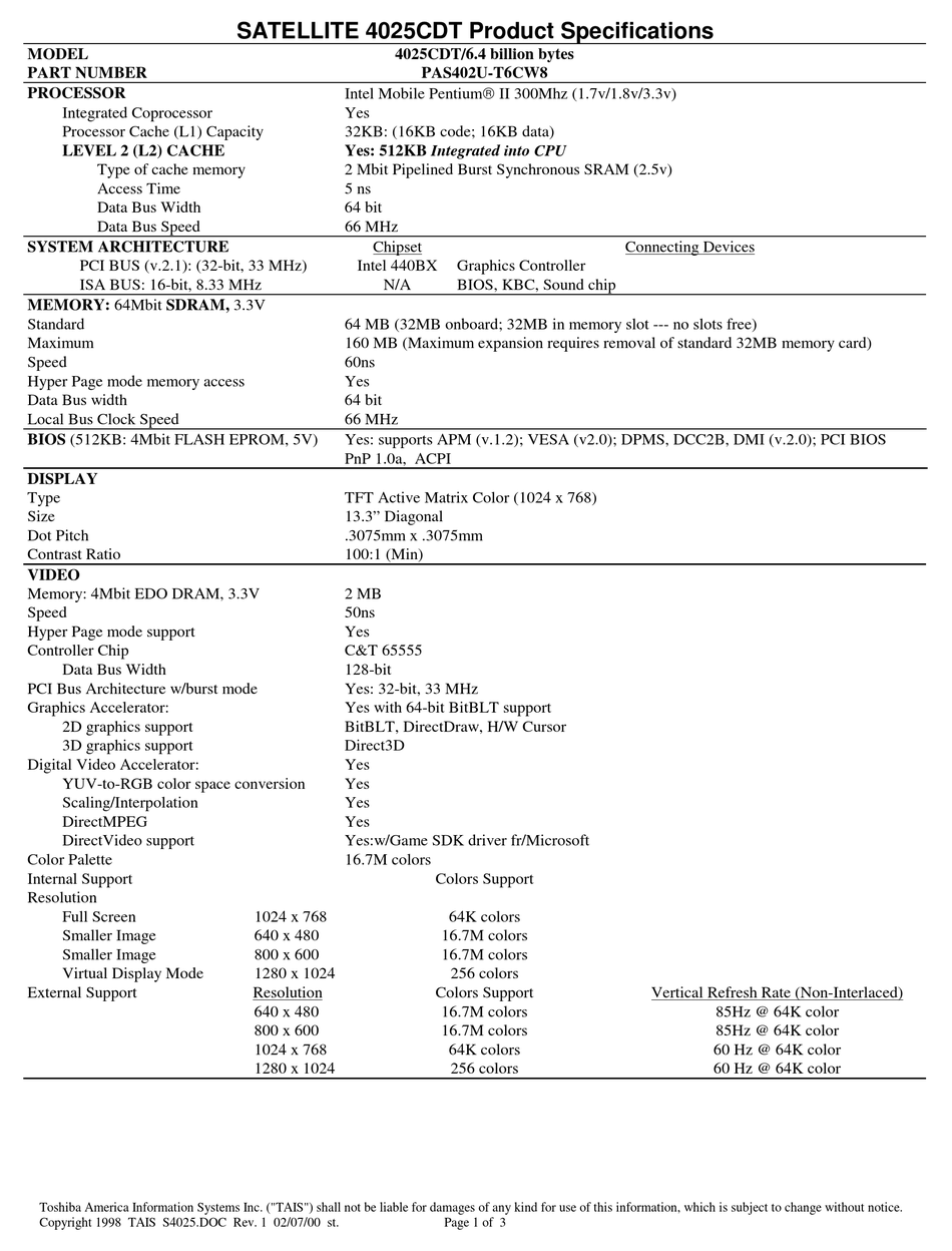 TOSHIBA SATELLITE 4025CDT SPECIFICATION SHEET Pdf Download | ManualsLib