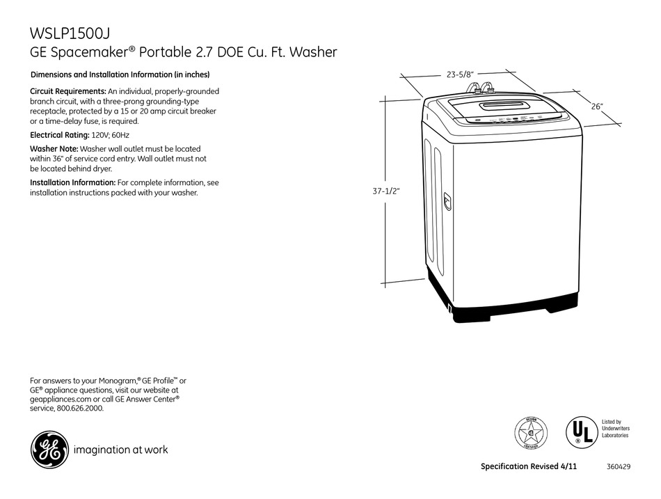 GE WSLP1500JWW DIMENSIONS AND INSTALLATION INFORMATION Pdf Download