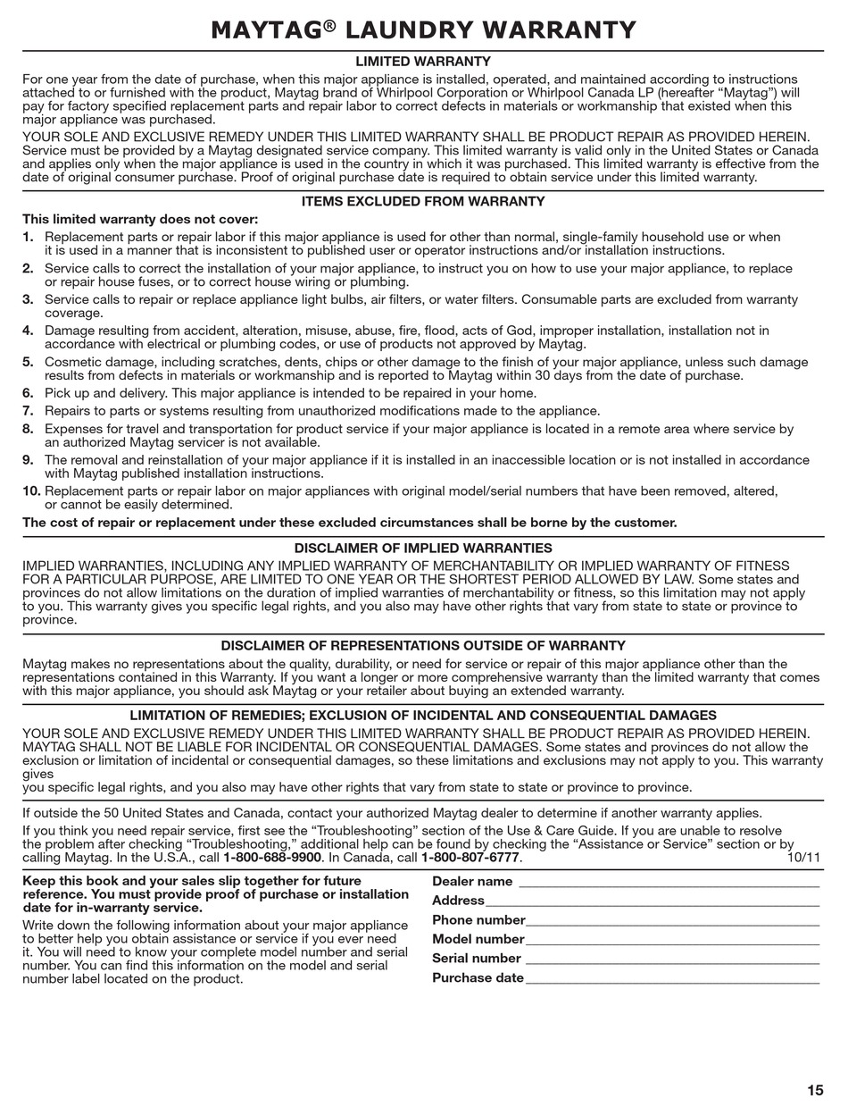 MAYTAG MVWC200BW LIMITED WARRANTY Pdf Download ManualsLib