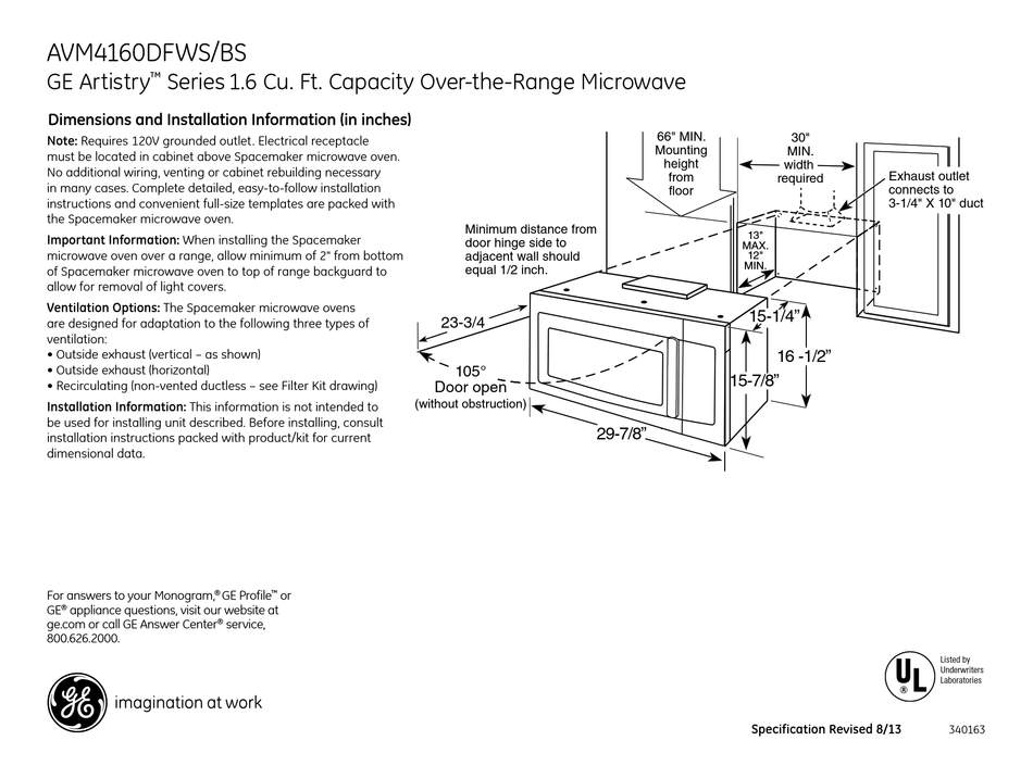GE AVM4160DFBS DIMENSIONS AND INSTALLATION INFORMATION Pdf