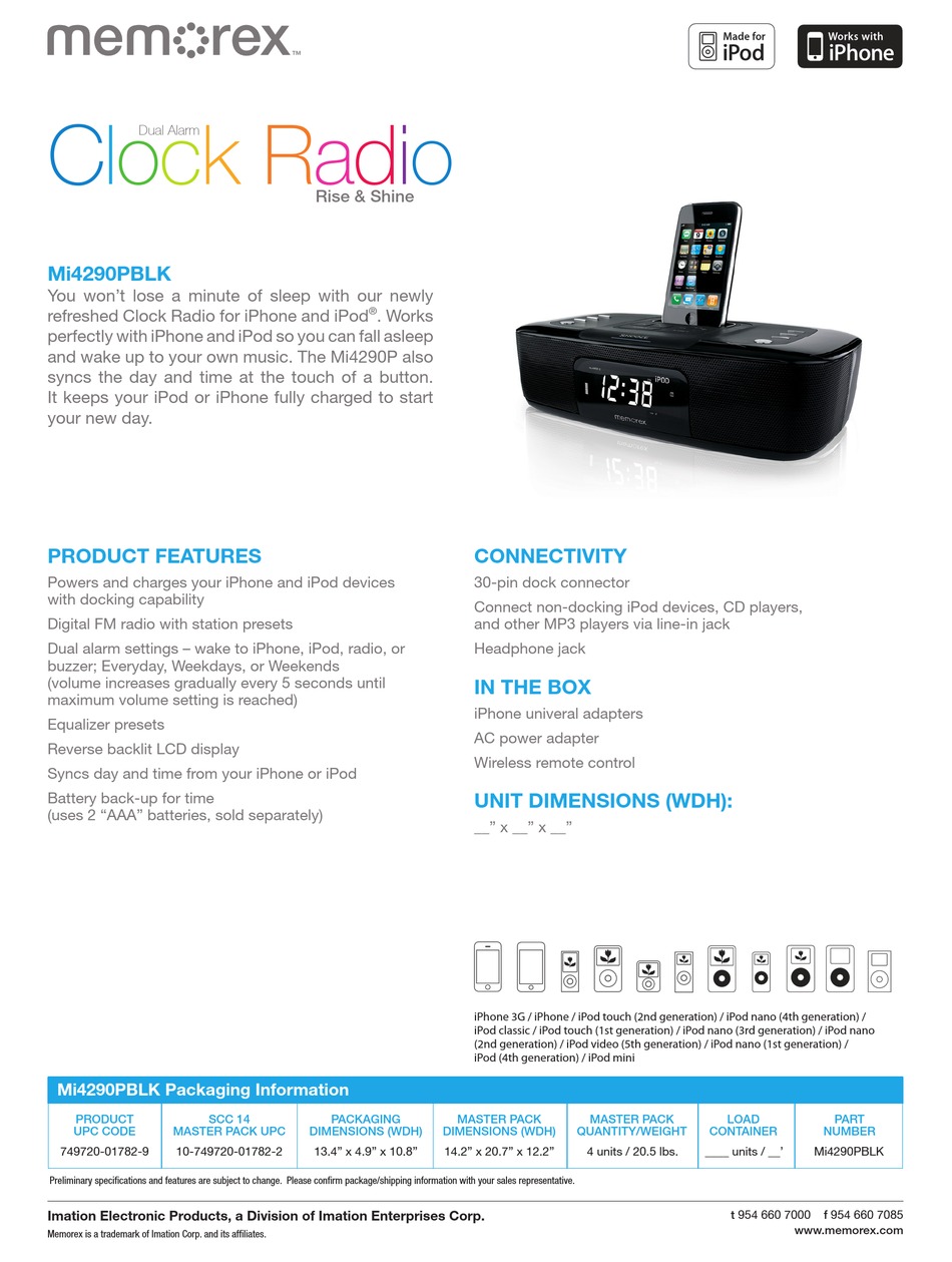 Memorex MI4290PBlk Clock Radio For IPhone and Ipod MI4290 Refurbished 