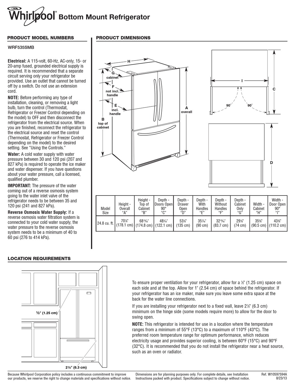 WHIRLPOOL WRF535SMBB DIMENSION MANUAL Pdf Download | ManualsLib