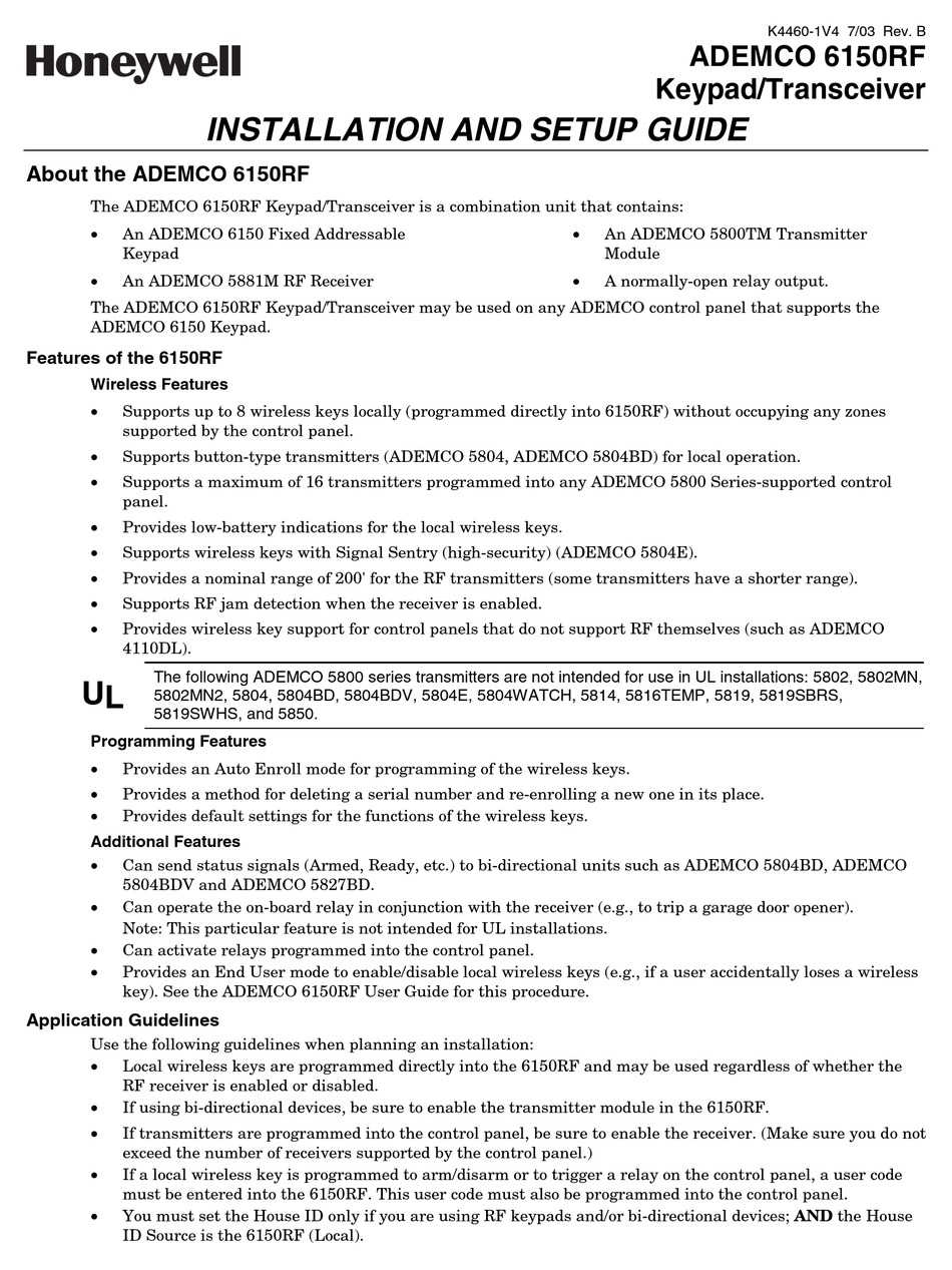 HONEYWELL ADEMCO 6150RF INSTALLATION AND SETUP MANUAL Pdf Download