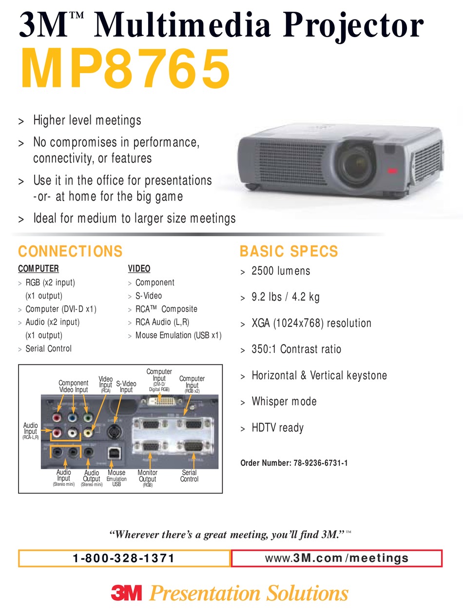3M MULTIMEDIA PROJECTOR MP8765 SPECIFICATION SHEET Pdf Download