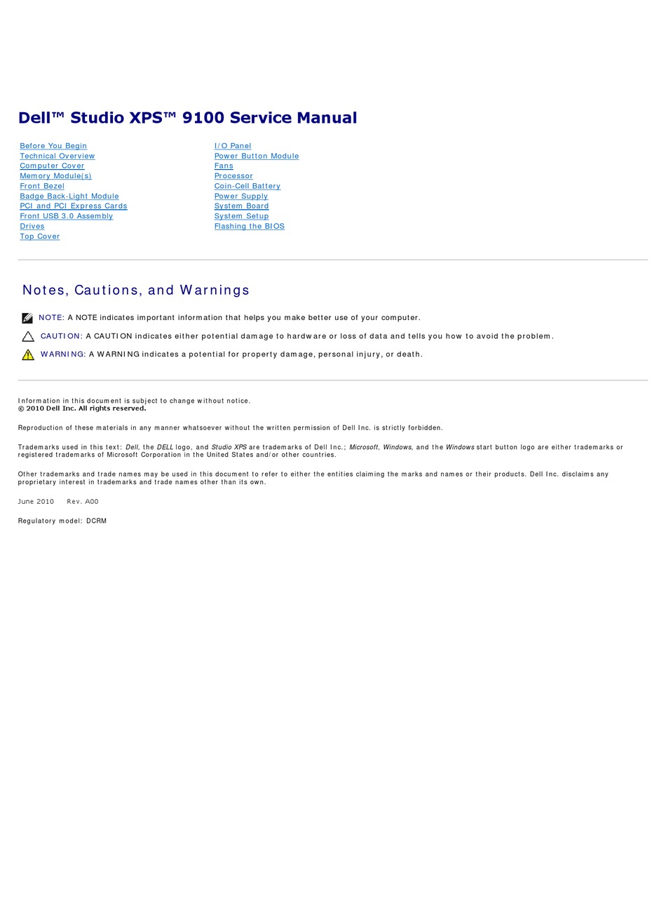 Dell Studio Xps 9100 Service Manual Pdf Download Manualslib