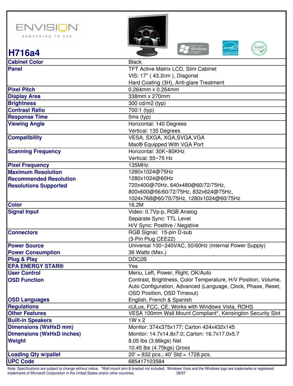 envision h170l service manual