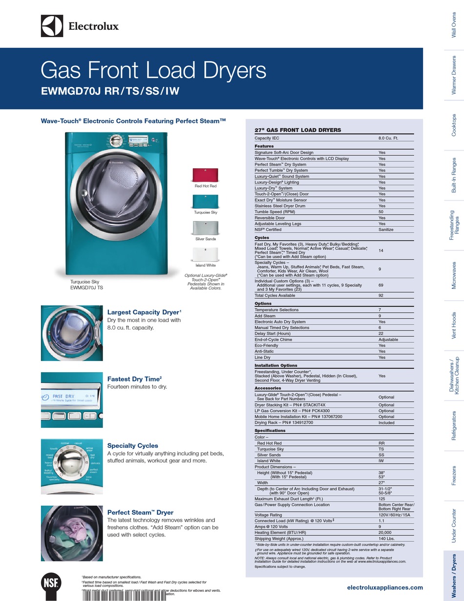 ELECTROLUX 27" GAS FRONT LOAD DRYERS EWMGD70J RR SPECIFICATIONS Pdf