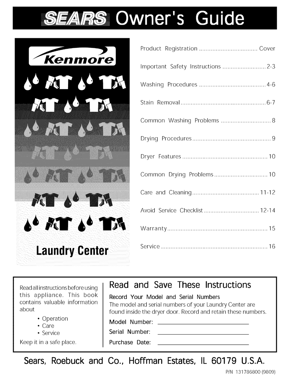 Sears Kenmore Electric Laundry Center Owners Manual Pdf Download Manualslib 7514