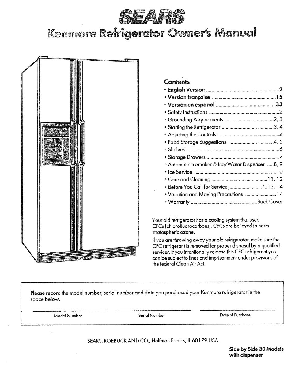 SEARS KENMORE REFRIGERATOR OWNER'S MANUAL Pdf Download ManualsLib