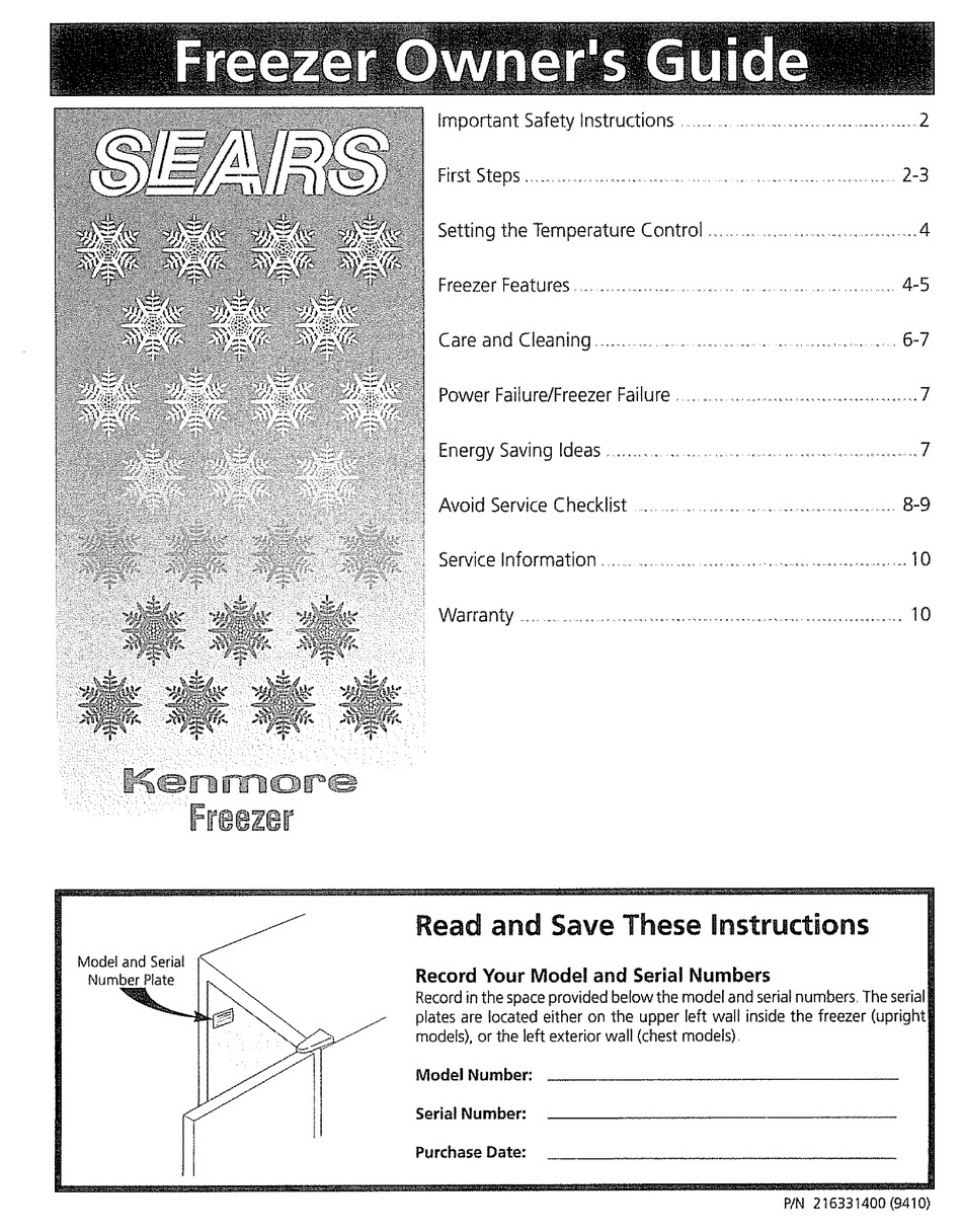 SEARS KENMORE FREEZER OWNER'S MANUAL Pdf Download | ManualsLib