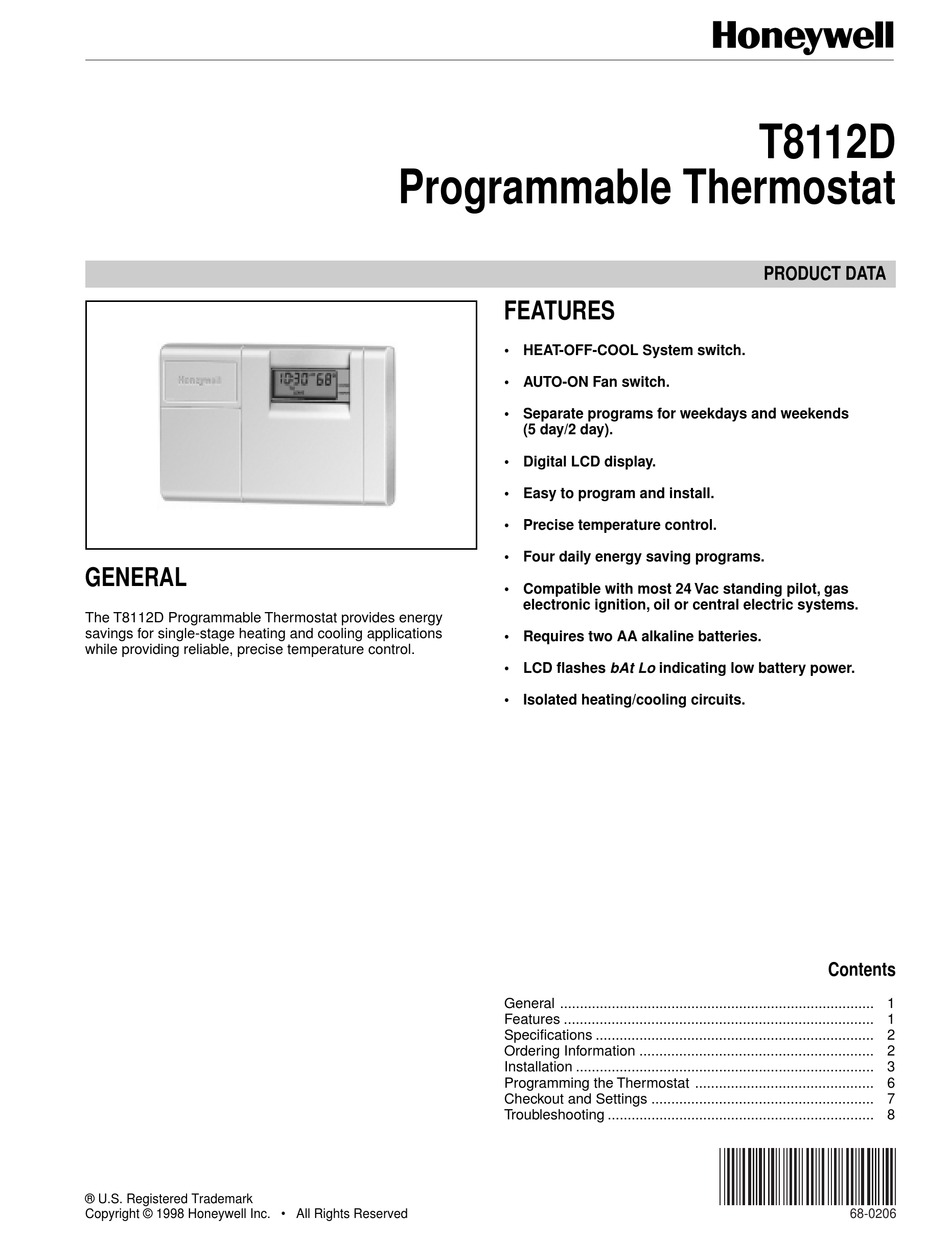 HONEYWELL T8112D PRODUCT DATA Pdf Download | ManualsLib
