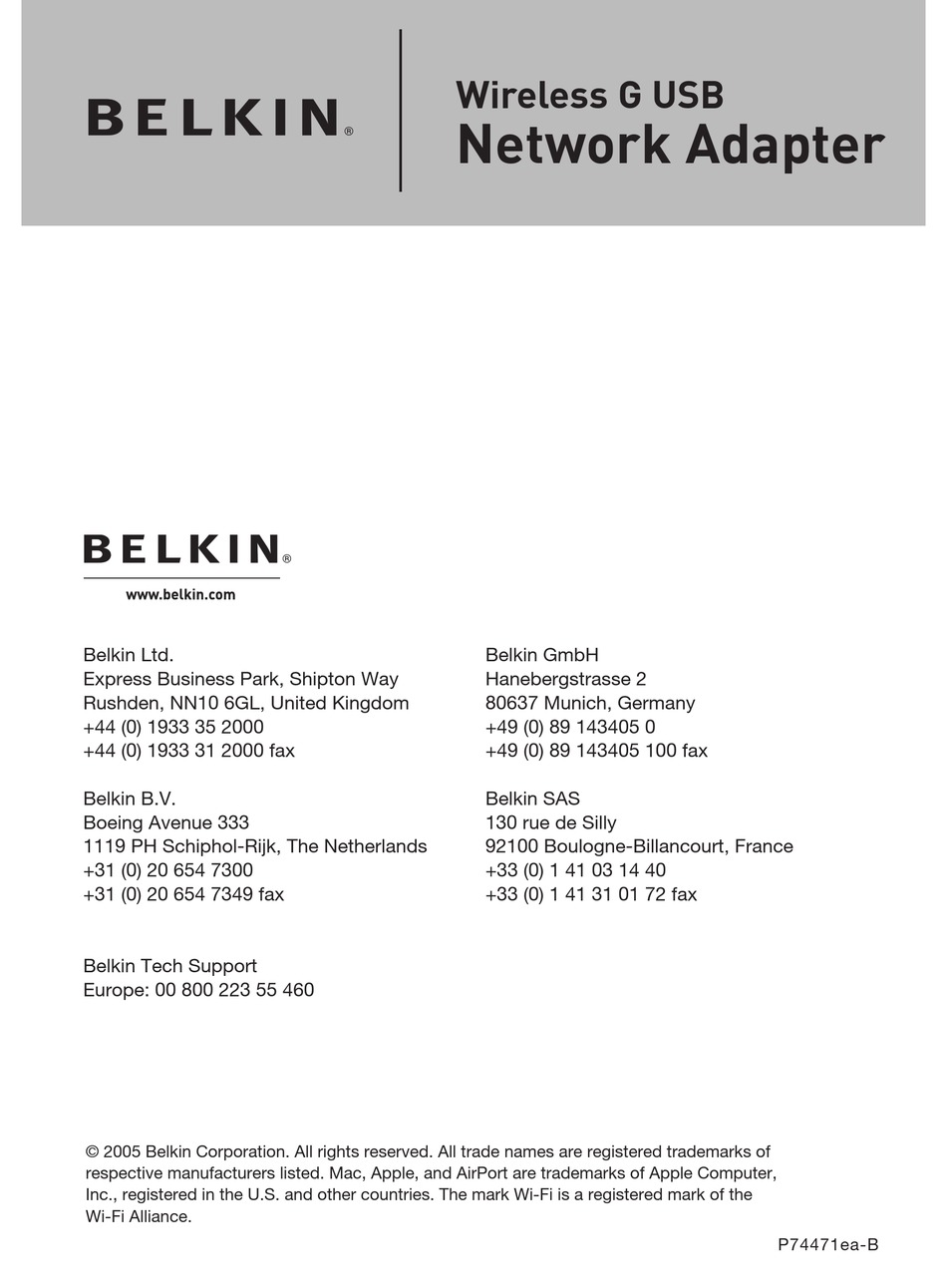 BELKIN WIRELESS G USB NETWORK ADAPTER NETWORK ADAPTER Pdf Download