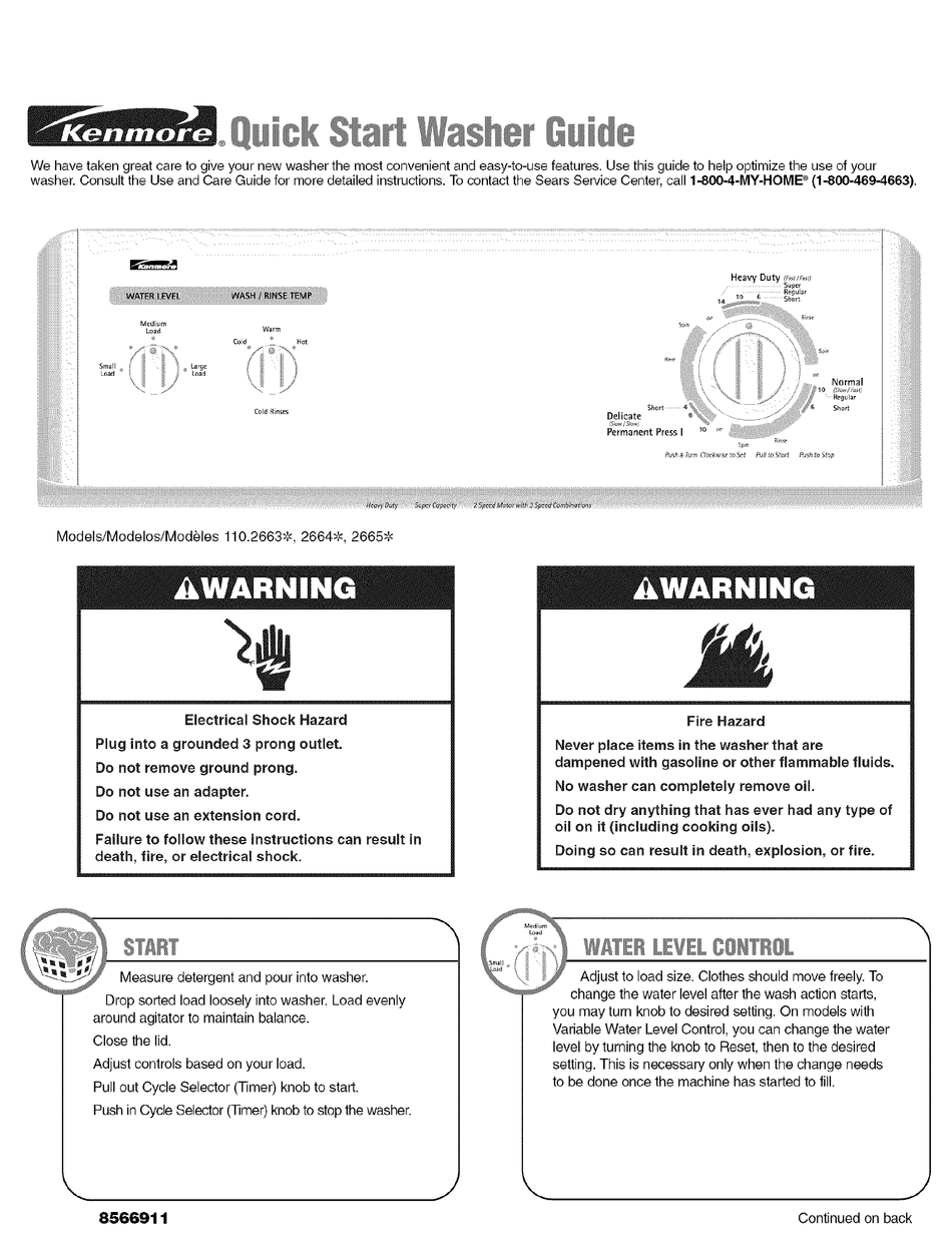 KENMORE 110.2663 SERIES QUICK START MANUAL Pdf Download ManualsLib