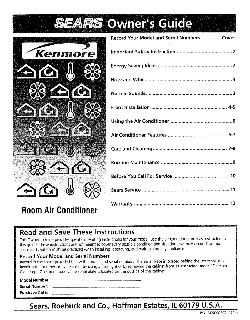 SEARS KENMORE ROOM AIR CONDITIONER OWNER