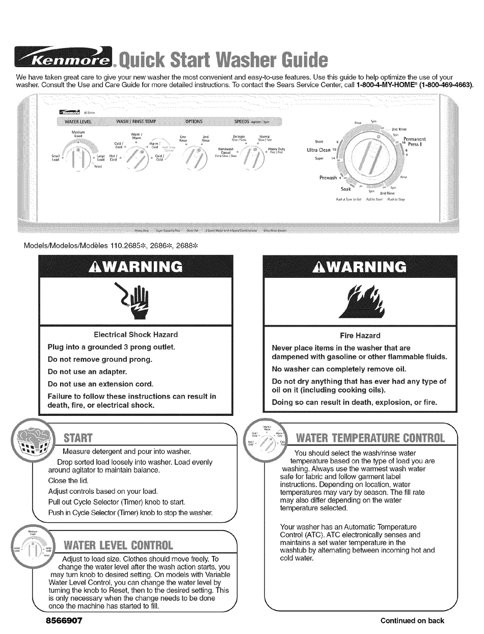 KENMORE 110.2685 SERIES QUICK START MANUAL Pdf Download | ManualsLib