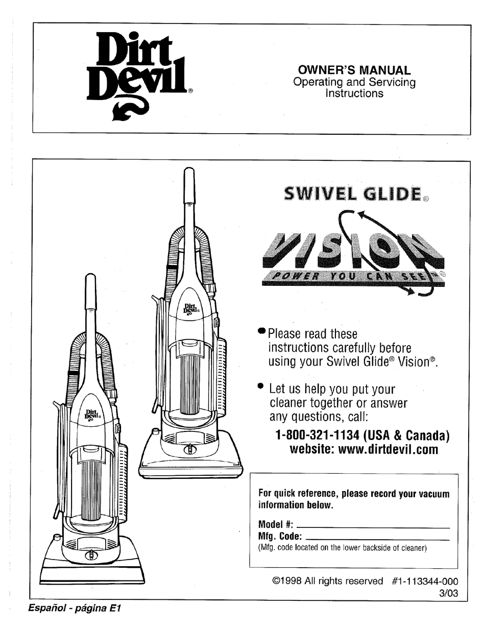 DIRT DEVIL VISION M086925 OWNER'S MANUAL Pdf Download ManualsLib