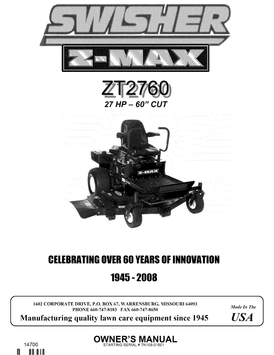 SWISHER Z-MAX ZT2760 OWNER'S MANUAL Pdf Download | ManualsLib