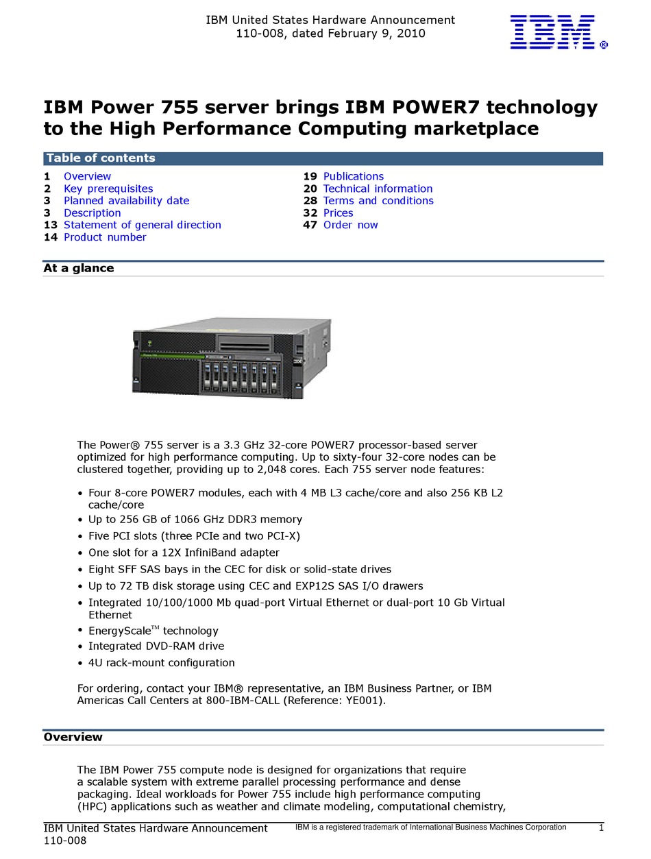 IBM POWER 755 HARDWARE ANNOUNCEMENT Pdf Download | ManualsLib