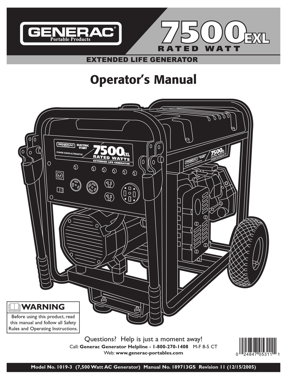GENERAC POWER SYSTEMS 7500EXL RATED WATT EXTENDED LIFE GENERATOR