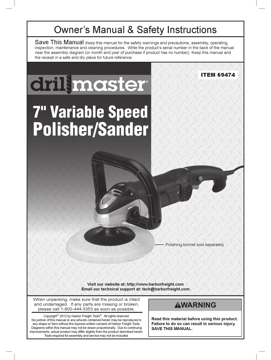 DRILL MASTER 7" VARIABLE SPEED POLISHER/SANDER OWNER'S MANUAL & SAFETY