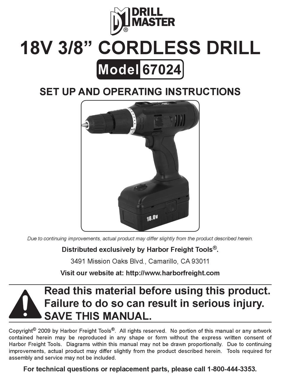 DRILL MASTER 18V 3/8" 67024 SET UP AND OPERATING INSTRUCTIONS MANUAL