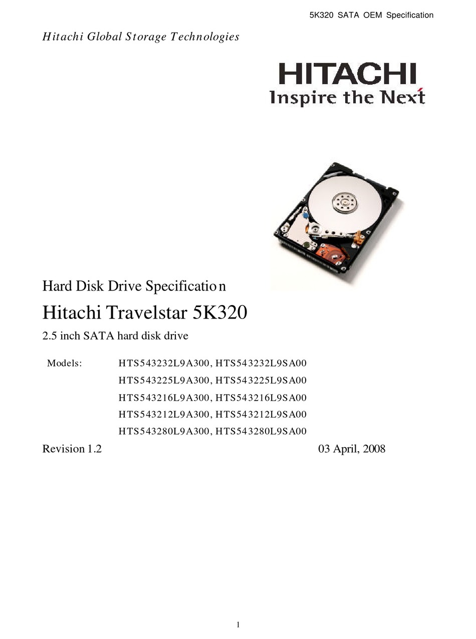 Hitachi 2 5 Inch Sata Travelstar Hts543232l9a300 Oem Specification Pdf Download Manualslib