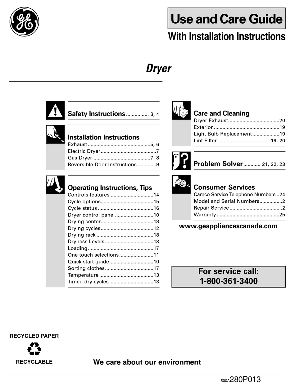 GE DRYER USE AND CARE MANUAL WITH INSTALLATION INSTRUCTIONS Pdf