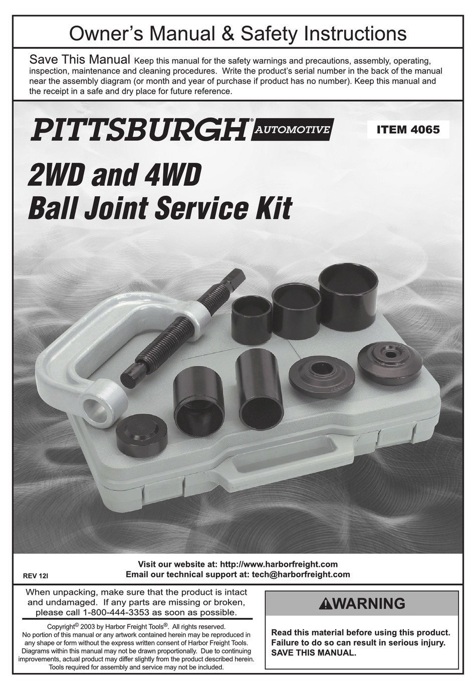 PITTSBURGH AUTOMOTIVE 2WD AND 4WD BALL JOINT SERVICE KIT OWNER'S MANUAL