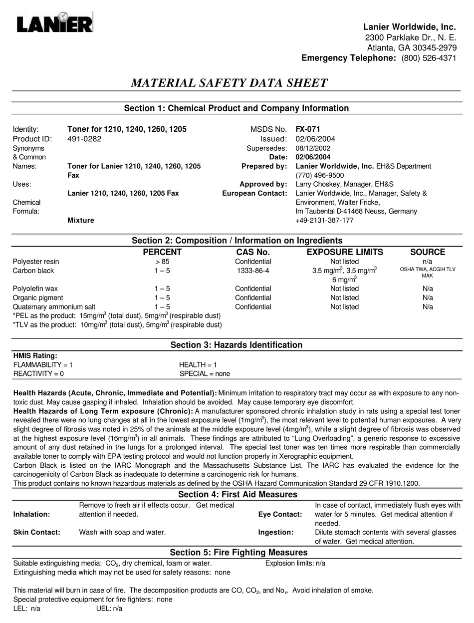 LANIER TONER FOR 1210, 1240, 1260, 1205 4910282 MATERIAL SAFETY DATA