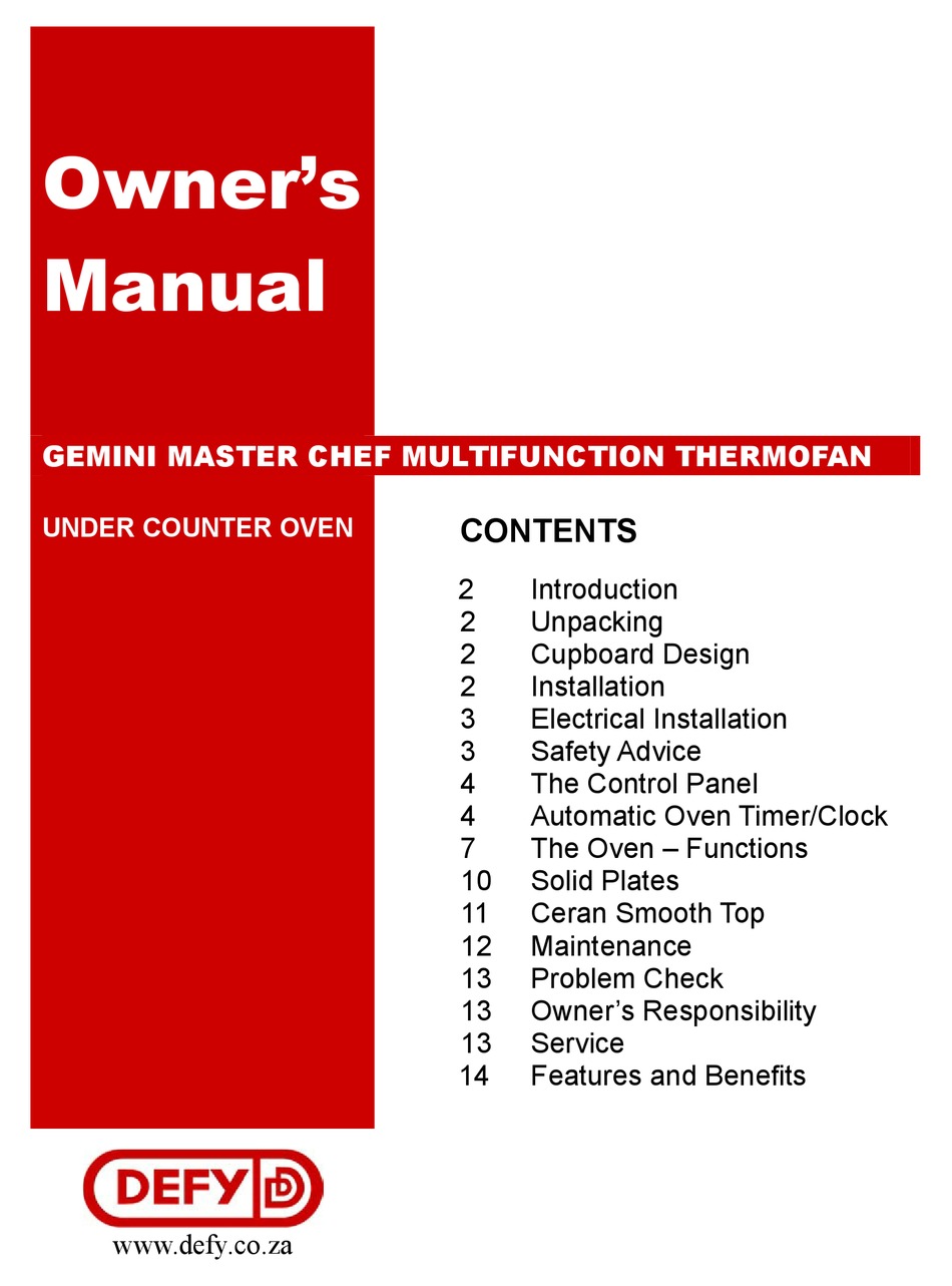 defy gemini stove manual