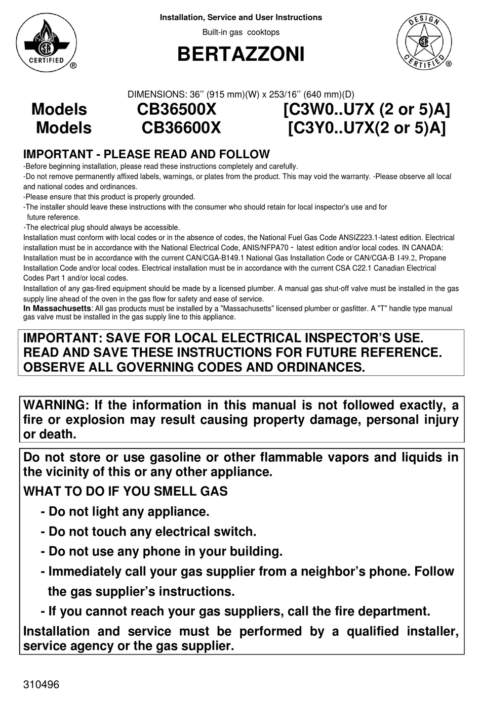 BERTAZZONI CB36500X INSTALLATION, SERVICE AND USER INSTRUCTIONS MANUAL