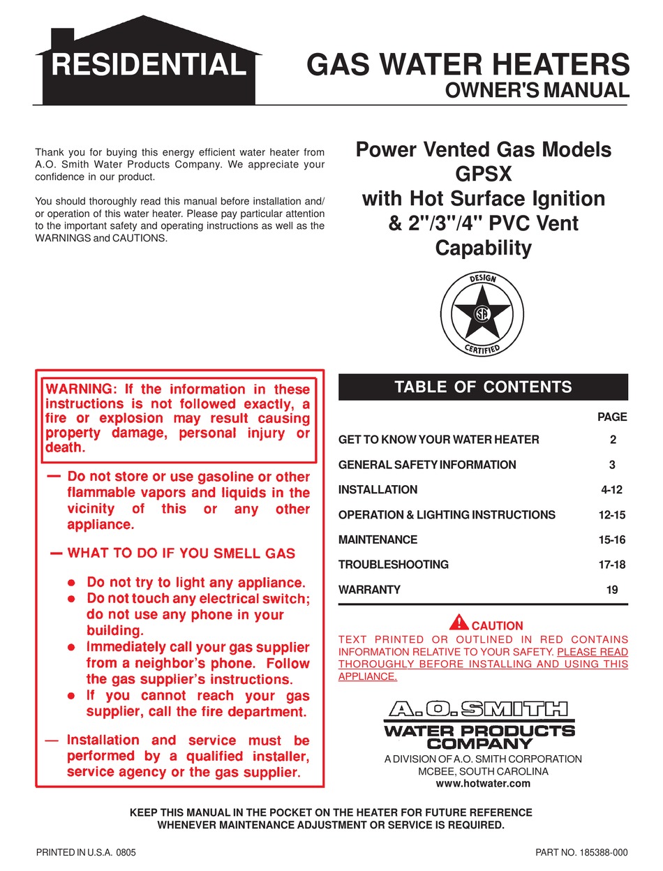 A.O. SMITH GPSX-50L OWNER'S MANUAL Pdf Download | ManualsLib