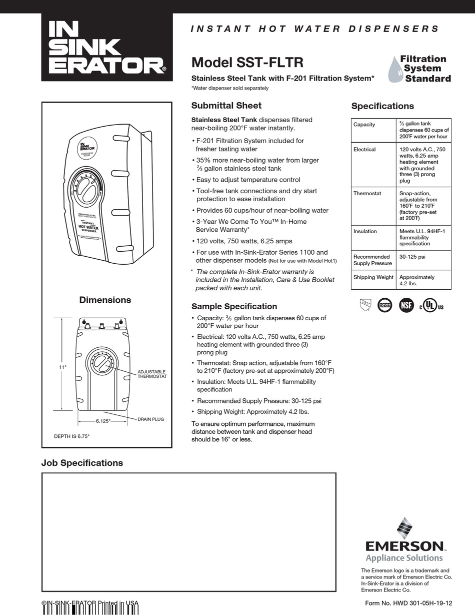 INSINKERATOR MODEL SST-FLTR SUBMITTAL SHEET Pdf Download | ManualsLib