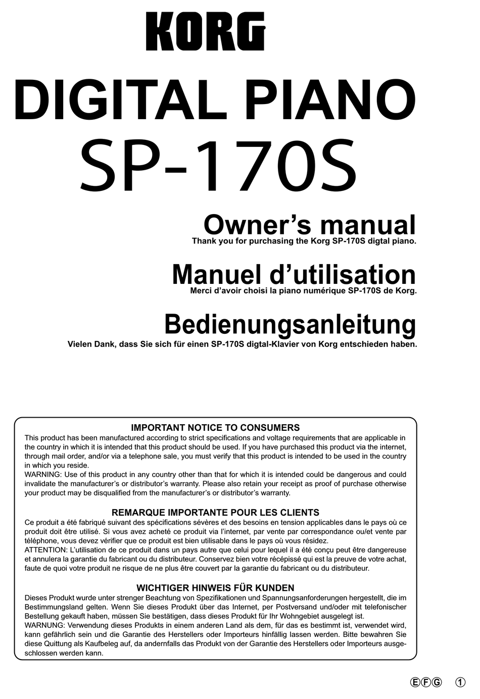 Korg Sp 170s Owner S Manual Pdf Download Manualslib