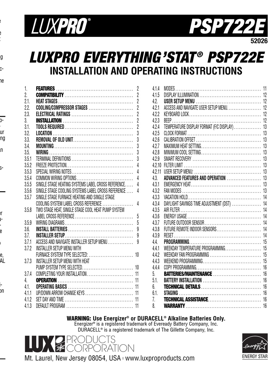 Lux Products Luxpro Everything Stat Psp722e Installation And Operating Instructions Manual Pdf Download Manualslib