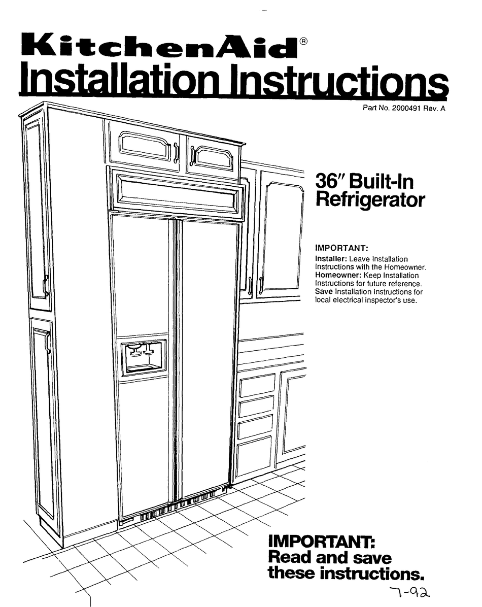 KITCHENAID 2000491 INSTALLATION INSTRUCTIONS MANUAL Pdf Download