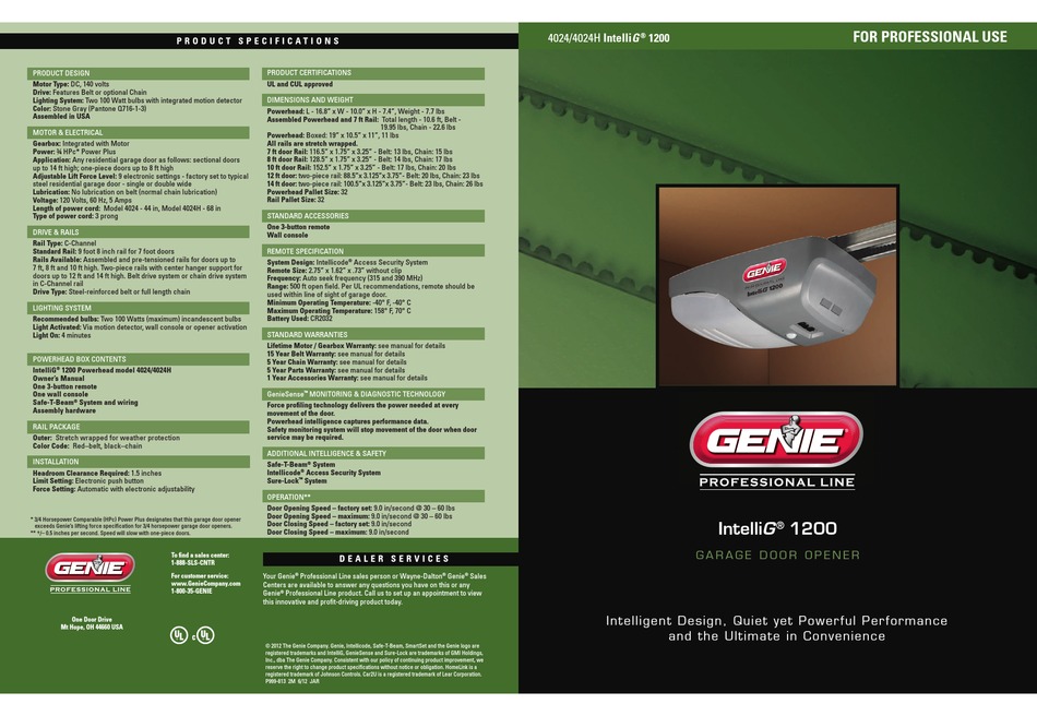 GENIE INTELLIG 1200 PRODUCT MANUAL Pdf Download | ManualsLib