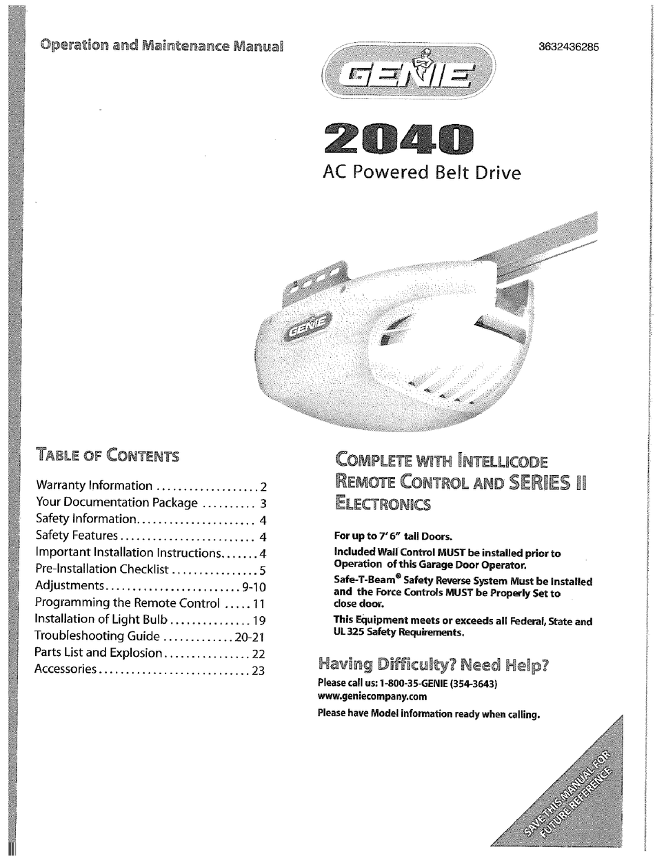 GENIE 2040 AC POWERED BELT DRIVE OPERATION AND MAINTENANCE MANUAL Pdf