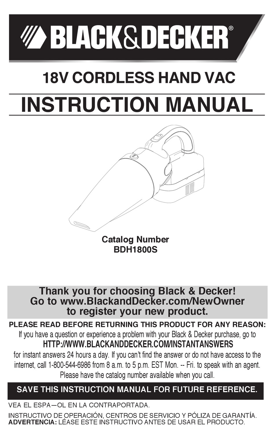 Black & Decker 18V 18 Volt Cordless Hand Vacuum Vac BDH1800S w/ battery/charger