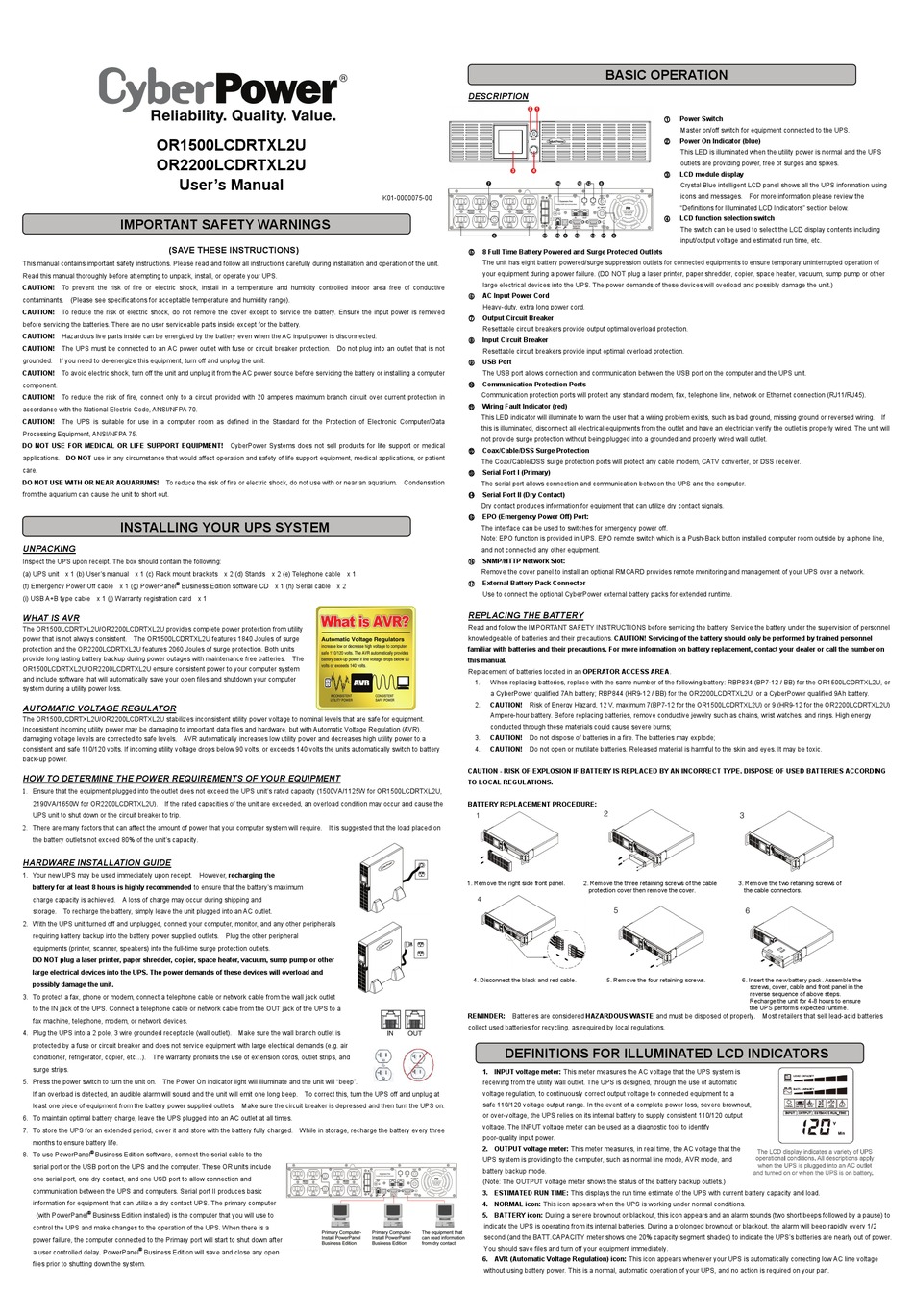 CYBERPOWER OR1500LCDRTXL2U USER MANUAL Pdf Download | ManualsLib