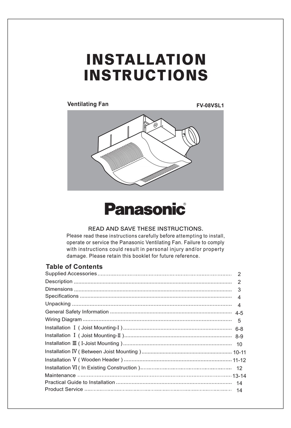 Panasonic Fv 08vsl1 Installation Instructions Manual Pdf Download Manualslib