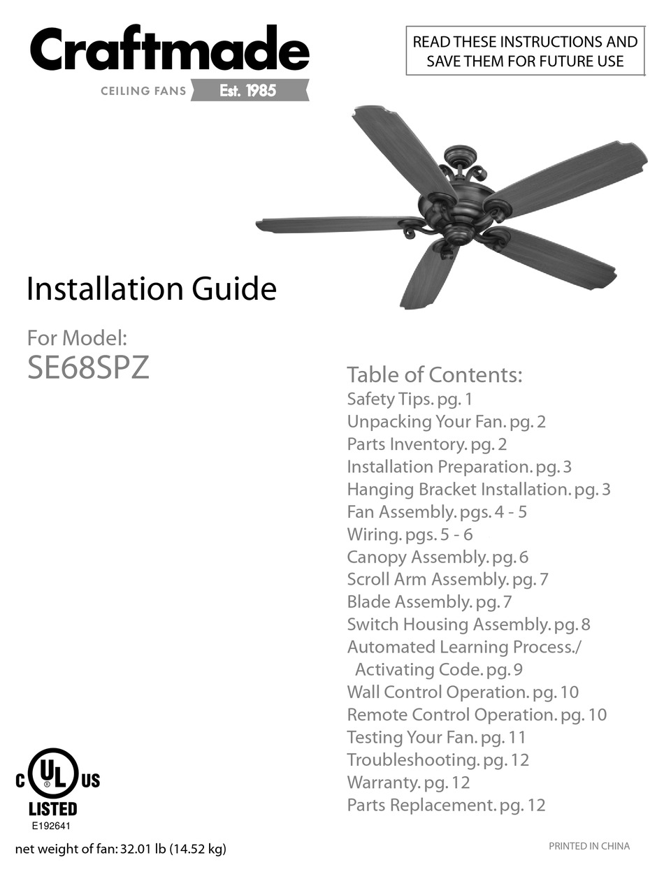 Craftmade Se68spz Installation Manual Pdf Download Manualslib