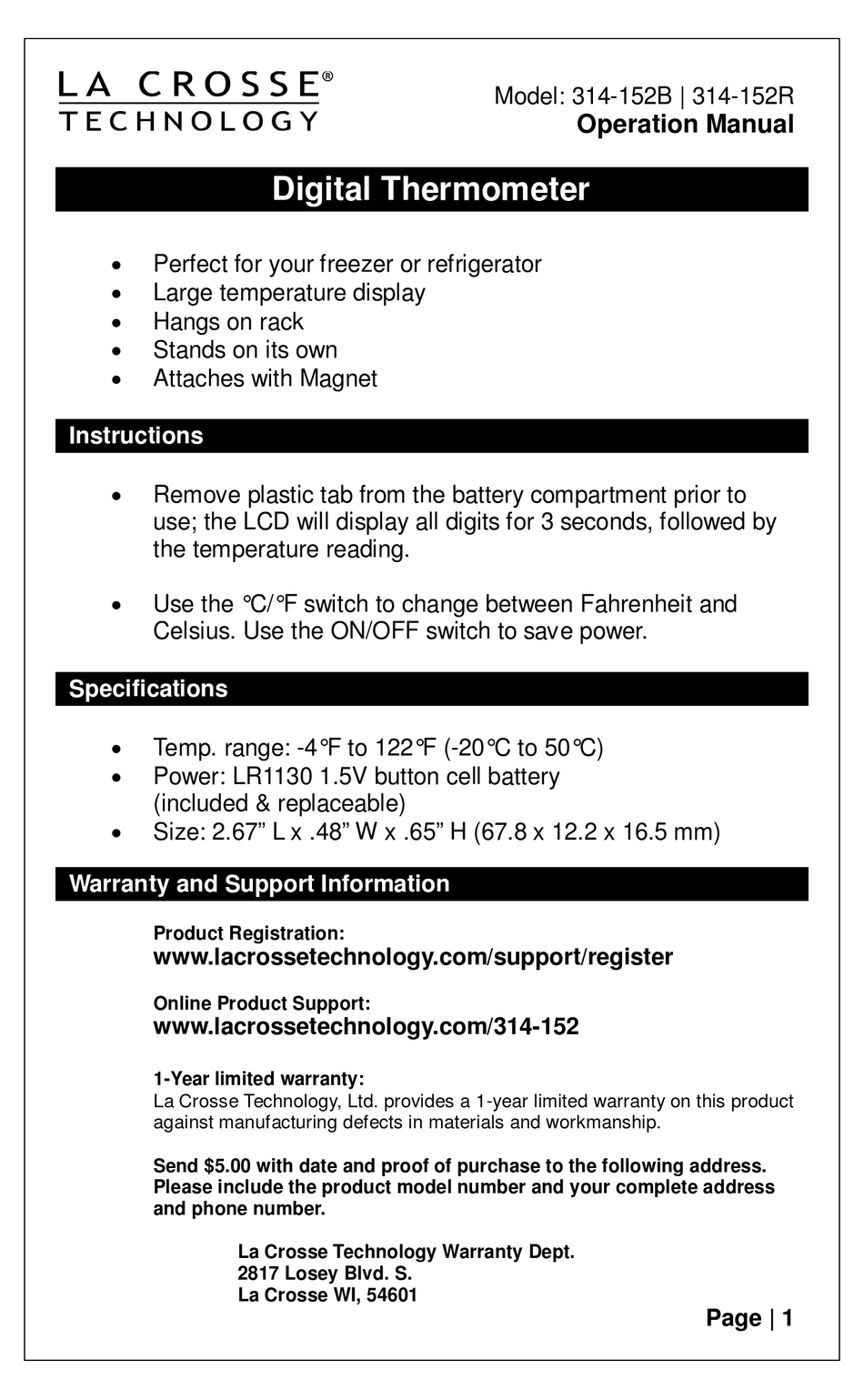 La Crosse Technology 314-152-B Digital Refrigerator-freezer Thermometer with Hook