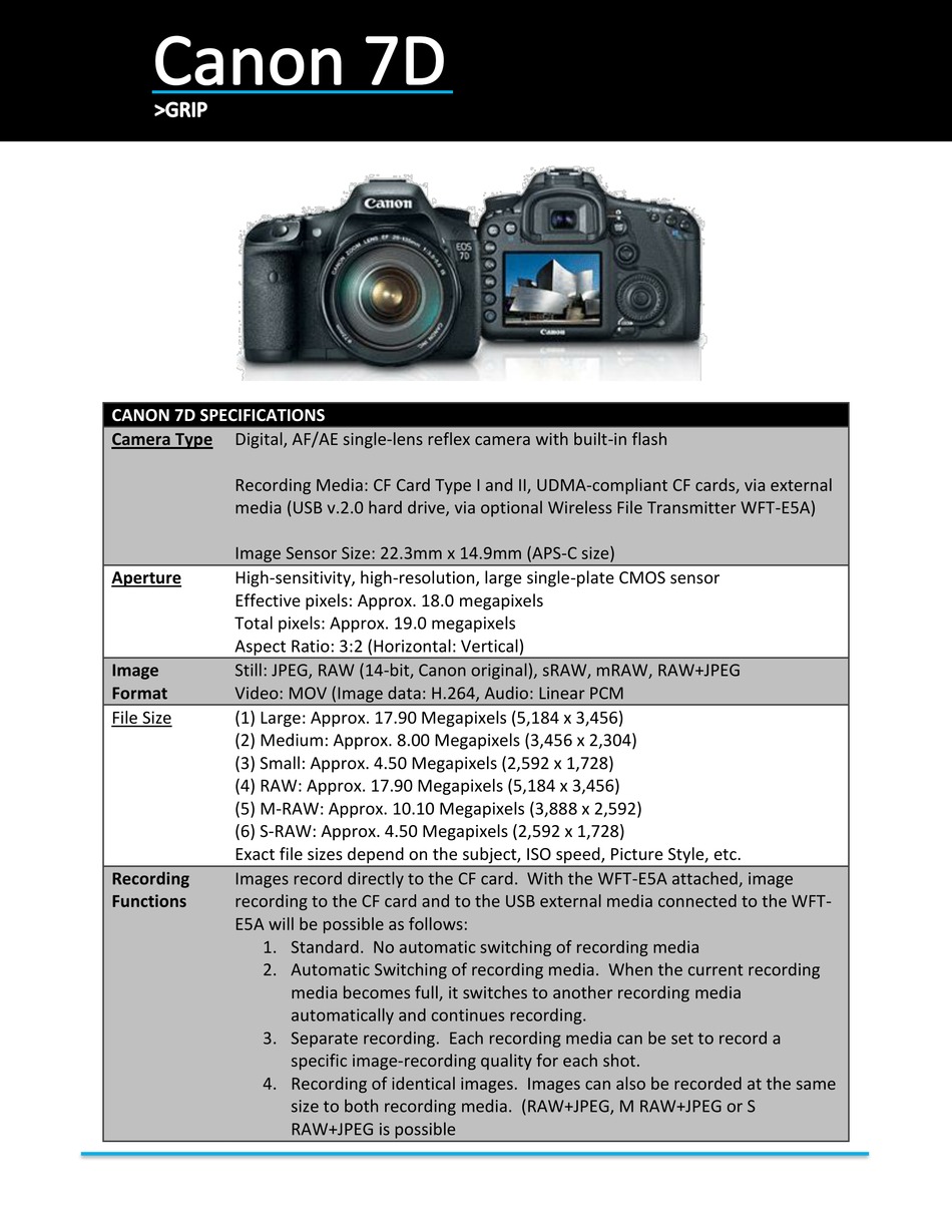 CANON 7D SPECIFICATIONS Pdf Download | ManualsLib