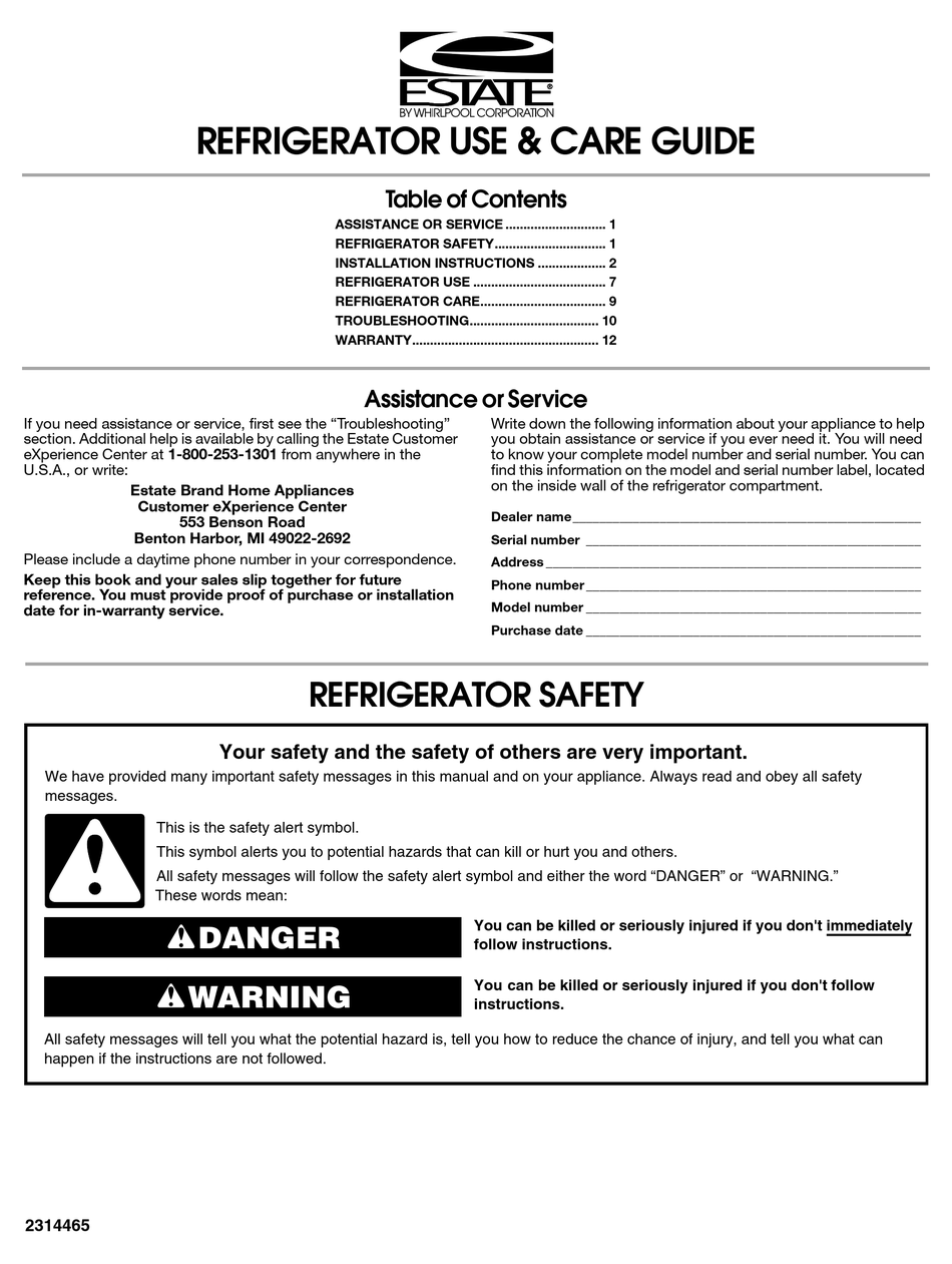 ESTATE REFRIGERATOR USE & CARE MANUAL Pdf Download ManualsLib